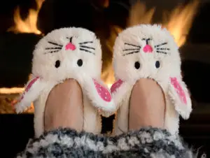 Fuzzy bunny slippers while working from home