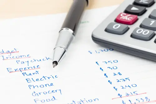 Calculator, pen and budget. 